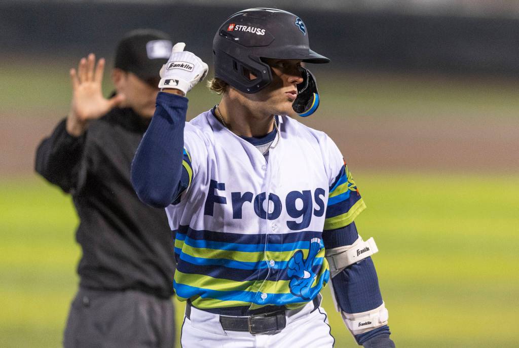 Josh Caron (10) of the Everett AquaSox reacts after hitting a triple during the game against the Tri-City Dust Devils on Tuesday, April 7, 2026 in Everett, Washington. (Olivia Vanni / The Herald)
