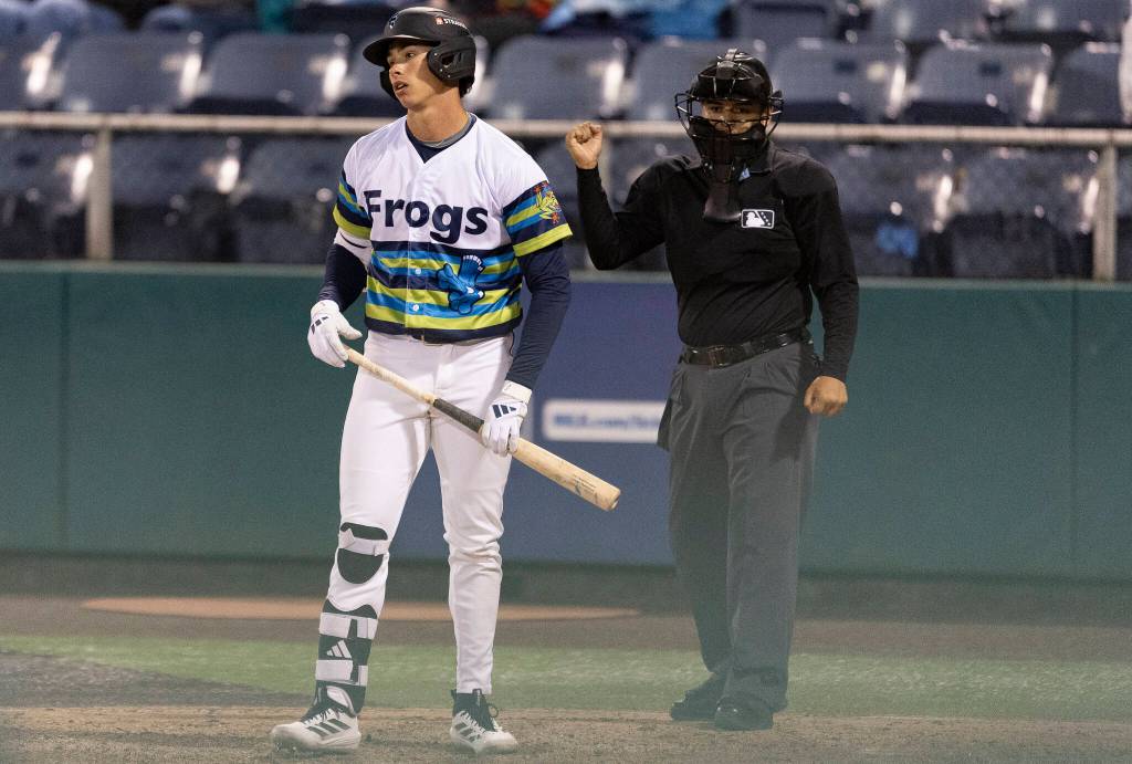 Jonny Farmelo (15) of the Everett AquaSox reacts after striking out during the game against the Tri-City Dust Devils on Tuesday, April 7, 2026 in Everett, Washington. (Olivia Vanni / The Herald)