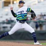 Taylor Dollard (40) of the Everett AquaSox pitches during the game against the Tri-City Dust Devils on Tuesday, April 7, 2026 in Everett, Washington. (Olivia Vanni / The Herald)