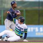 Jonny Farmelo (15) of the Everett AquaSox is forced out aS he slides into second base during the game against the Tri-City Dust Devils on Tuesday, April 7, 2026 in Everett, Washington. (Olivia Vanni / The Herald)