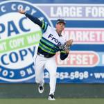 Jonny Farmelo (15) of the Everett AquaSox throws in a ball from the outfield during the game against the Tri-City Dust Devils on Tuesday, April 7, 2026 in Everett, Washington. (Olivia Vanni / The Herald)