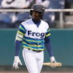 Felnin Celesten (5) of the Everett AquaSox looks on after striking out during the game against the Tri-City Dust Devils on Tuesday, April 7, 2026 in Everett, Washington. (Olivia Vanni / The Herald)