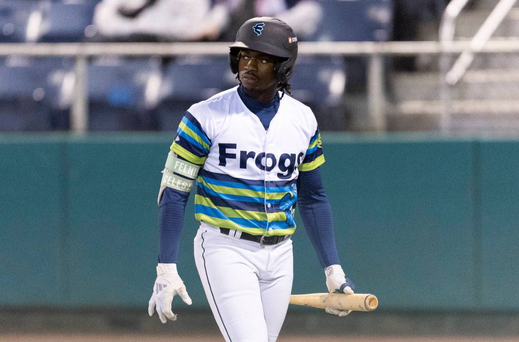 Felnin Celesten (5) of the Everett AquaSox looks on after striking out during the game against the Tri-City Dust Devils on Tuesday, April 7, 2026 in Everett, Washington. (Olivia Vanni / The Herald)