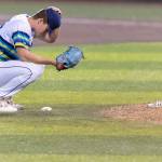 Calvin Schapira (25) of the Everett AquaSox looks on while pitching during the game against the Tri-City Dust Devils on Tuesday, April 7, 2026 in Everett, Washington. (Olivia Vanni / The Herald)