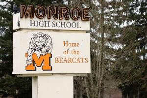 The Monroe High School sign as seen on March 1, 2024, in Monroe, Washington. (Photo by Evan Morud)