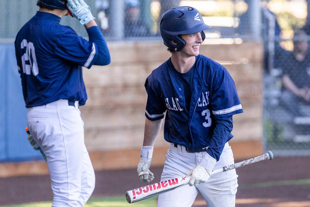 Glacier Peaks Matthew Marquardt reacts after scoring during the game against Meadowdale on Wednesday, April 8, 2026 in Lynnwood, Washington. (Olivia Vanni / The Herald)