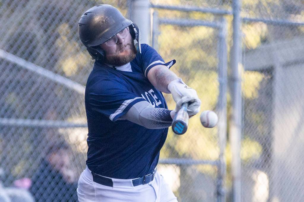 Glacier Peaks Kaleb Bishop gets a hit during the game against Meadowdale on Wednesday, April 8, 2026 in Lynnwood, Washington. (Olivia Vanni / The Herald)