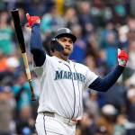 Josh Naylor (12) of the Seattle Mariners reacts after hitting a two-run home run during the third inning against the Houston Astros at T-Mobile Park on Monday, April 13, 2026, in Seattle, Washington. (Maddy Grassy / Getty Images / Tribune News Services)