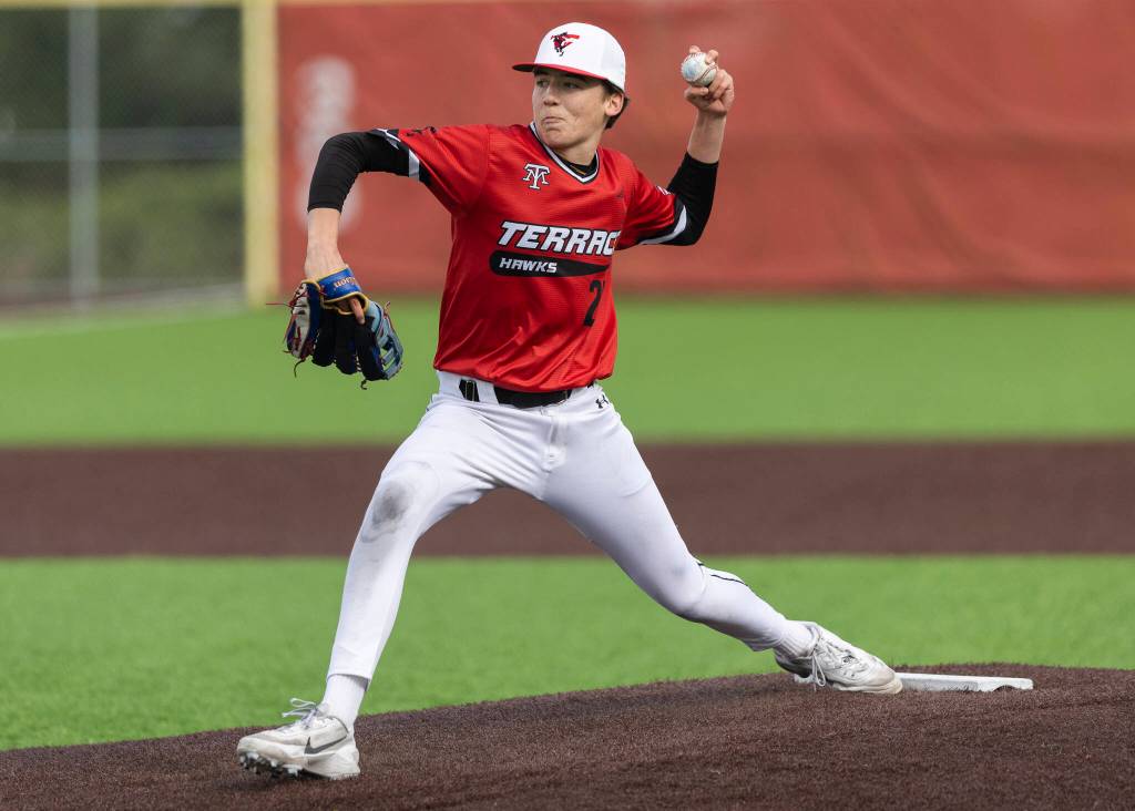 Mountlake Terraces Max Faast pitches during the game against Stanwood on Wednesday, April 15, 2026 in Stanwood, Washington. (Olivia Vanni / The Herald)