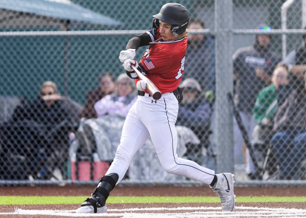 Mountlake Terraces Kaden Fleming gets a hit during the game against Stanwood on Wednesday, April 15, 2026 in Stanwood, Washington. (Olivia Vanni / The Herald)