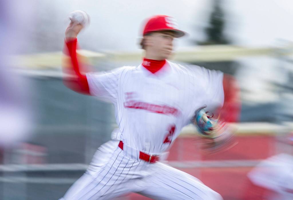 Stanwoods Braddock Johnson pitches during the game against Mountlake Terrace on Wednesday, April 15, 2026 in Stanwood, Washington. (Olivia Vanni / The Herald)