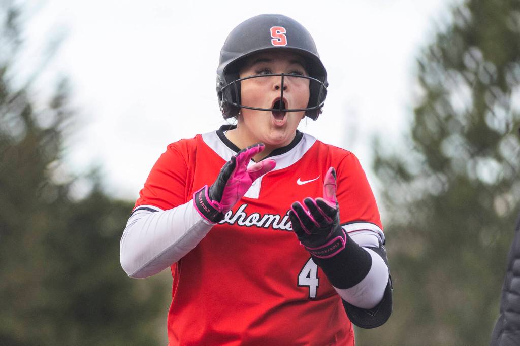 Snohomishs Taylor Ward reacts to getting a hit during the game against Everett on Thursday, April 16, 2026 in Everett, Washington. (Olivia Vanni / The Herald)