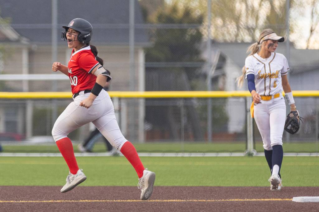 Snohomishs Amelie Lopez reacts after hitting a home run during the game against Everett on Thursday, April 16, 2026 in Everett, Washington. (Olivia Vanni / The Herald)