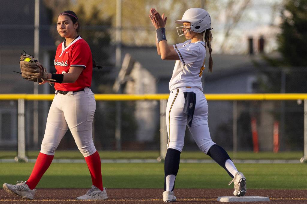 Everetts Anna Luscher reacts after getting to second base on an error during the game against Snohomish on Thursday, April 16, 2026 in Everett, Washington. (Olivia Vanni / The Herald)