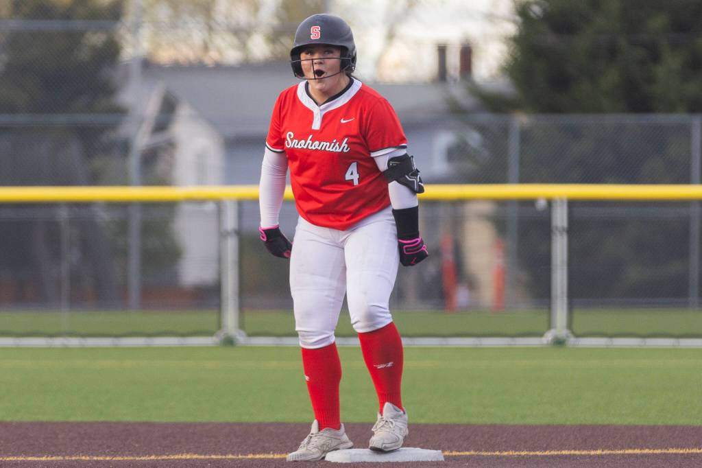 Snohomishs Taylor Ward after getting a double during the game against Everett on Thursday, April 16, 2026 in Everett, Washington. (Olivia Vanni / The Herald)