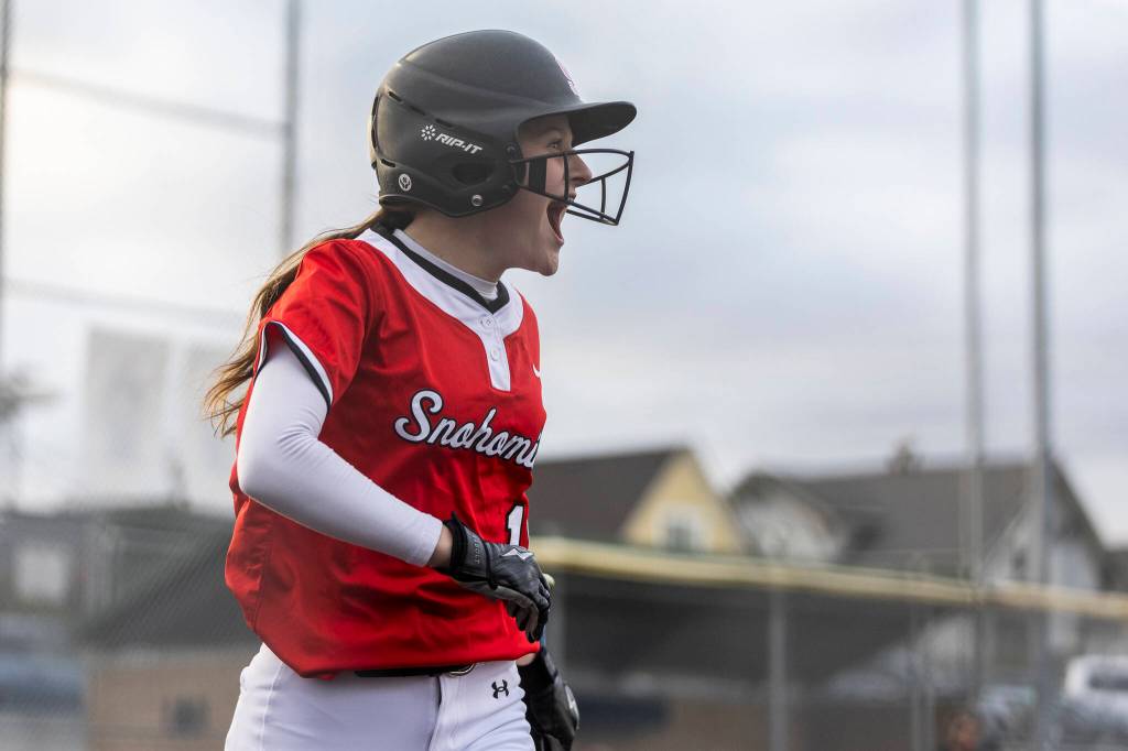 A Snohomish player reacts after scoring during the game against Everett on Thursday, April 16, 2026 in Everett, Washington. (Olivia Vanni / The Herald)