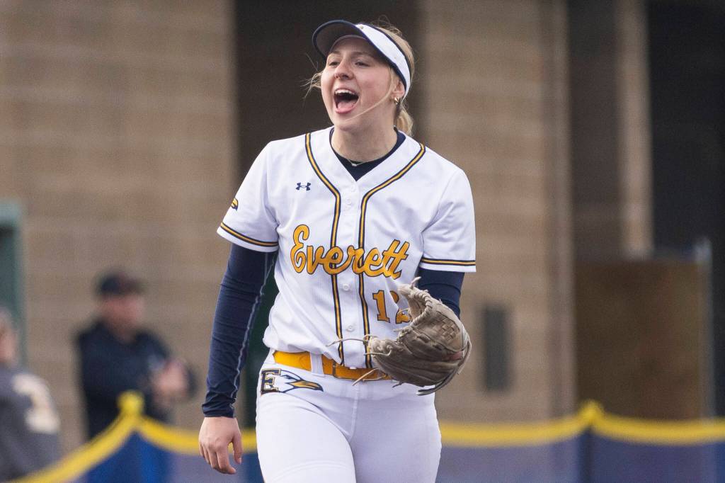 Everetts Braylon Yarwood reacts to a strike out during the game against Snohomish on Thursday, April 16, 2026 in Everett, Washington. (Olivia Vanni / The Herald)