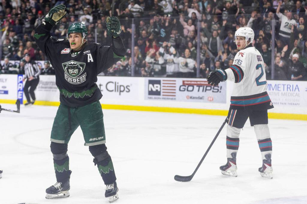 Jaxsin Vaughan #15 of the Everett Silvertips and Rowan Guest #26 of the Kelowna Rockets react after a goal is called back due to interference during Game 5 of the Western Hockey League second round on Friday, April 17, 2026 in Everett, Washington. (Olivia Vanni / The Herald)