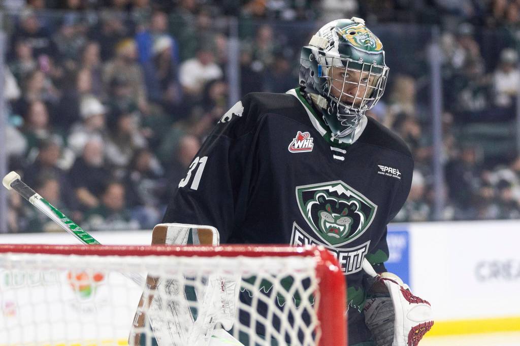 Anders Miller #31 of the Everett Silvertips looks on before the start of overtime during Game 5 of the Western Hockey League second round against the Kelowna Rockets on Friday, April 17, 2026 in Everett, Washington. (Olivia Vanni / The Herald)