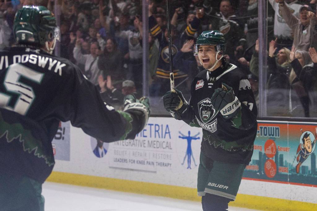Carter Bear #11 of the Everett Silvertips reacts after scoring during Game 5 of the Western Hockey League second round against the Kelowna Rockets on Friday, April 17, 2026 in Everett, Washington. (Olivia Vanni / The Herald)
