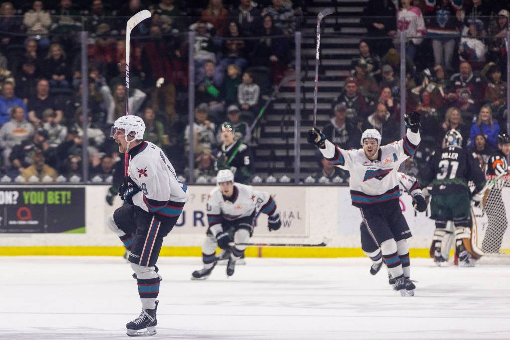 Shane Smith #9 of the Kelowna Rockets reacts after scoring during Game 5 of the Western Hockey League second round against the Everett Silvertips on Friday, April 17, 2026 in Everett, Washington. (Olivia Vanni / The Herald)