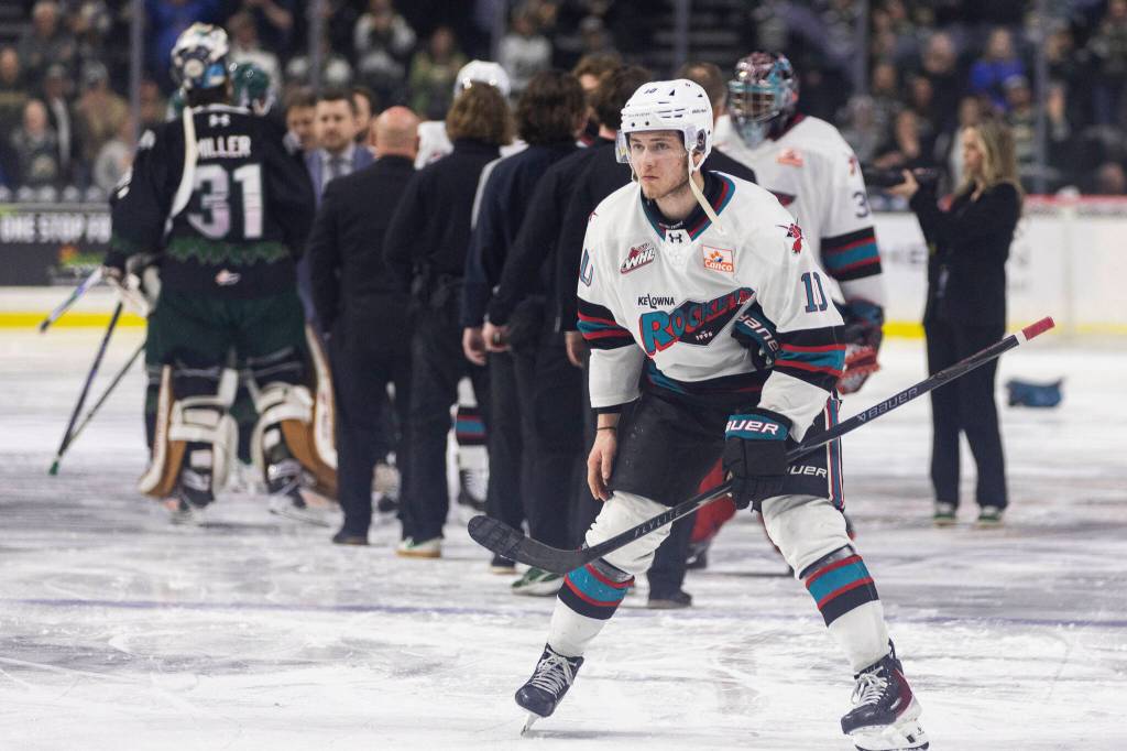 Landon DuPont #9 of the Everett Silvertips and Anders Miller #31 of the Everett Silvertips, along with other teammates, celebrate after beating the Kelowna Rockets in Game 5 of the Western Hockey League second round to advance to the Western Conference Finals on Friday, April 17, 2026 in Everett, Washington. (Olivia Vanni / The Herald)
Tomas Poletin #10 of the Kelowna Rockets looks on after losing to the Everett Silvertips in Game 5 of the Western Hockey League second round on Friday, April 17, 2026 in Everett, Washington. (Olivia Vanni / The Herald)