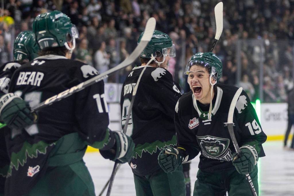 Landon DuPont #9 of the Everett Silvertips and Anders Miller #31 of the Everett Silvertips, along with other teammates, celebrate after beating the Kelowna Rockets in Game 5 of the Western Hockey League second round to advance to the Western Conference Finals on Friday, April 17, 2026 in Everett, Washington. (Olivia Vanni / The Herald)
Zackary Shantz #19 of the Everett Silvertips celebrates after beating the Kelowna Rockets in Game 5 of the Western Hockey League second round to advance to the Western Conference Finals on Friday, April 17, 2026 in Everett, Washington. (Olivia Vanni / The Herald)