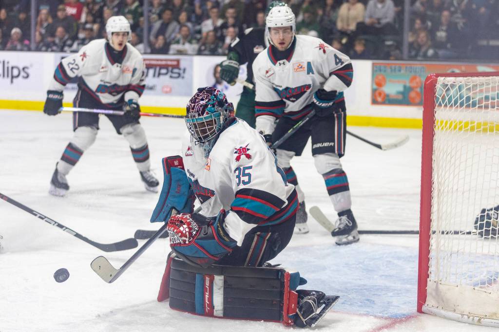 Josh Banini #35 of the Kelowna Rockets blocks a shot during Game 5 of the Western Hockey League second round against the Everett Silvertips on Friday, April 17, 2026 in Everett, Washington. (Olivia Vanni / The Herald)
