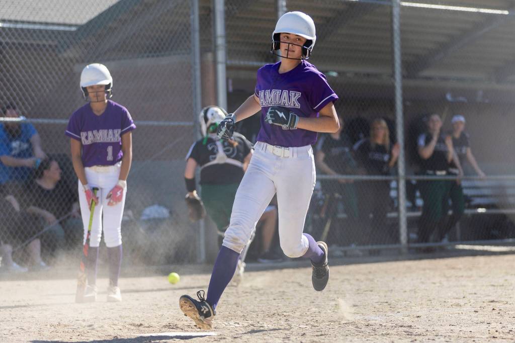 Kamiaks Riley Karabach crosses home plate to score during the game against Jackson on Monday, April 20, 2026 in Mill Creek, Washington. (Olivia Vanni / The Herald)