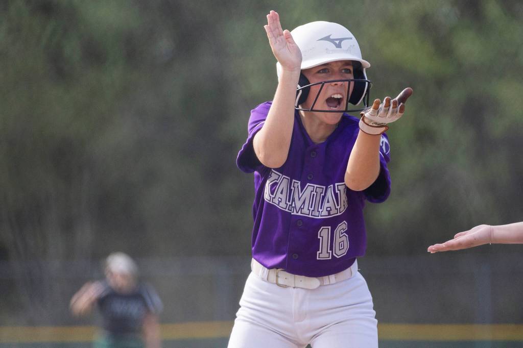 Kamiaks Cam Hansen reacts during the game against Jackson on Monday, April 20, 2026 in Mill Creek, Washington. (Olivia Vanni / The Herald)