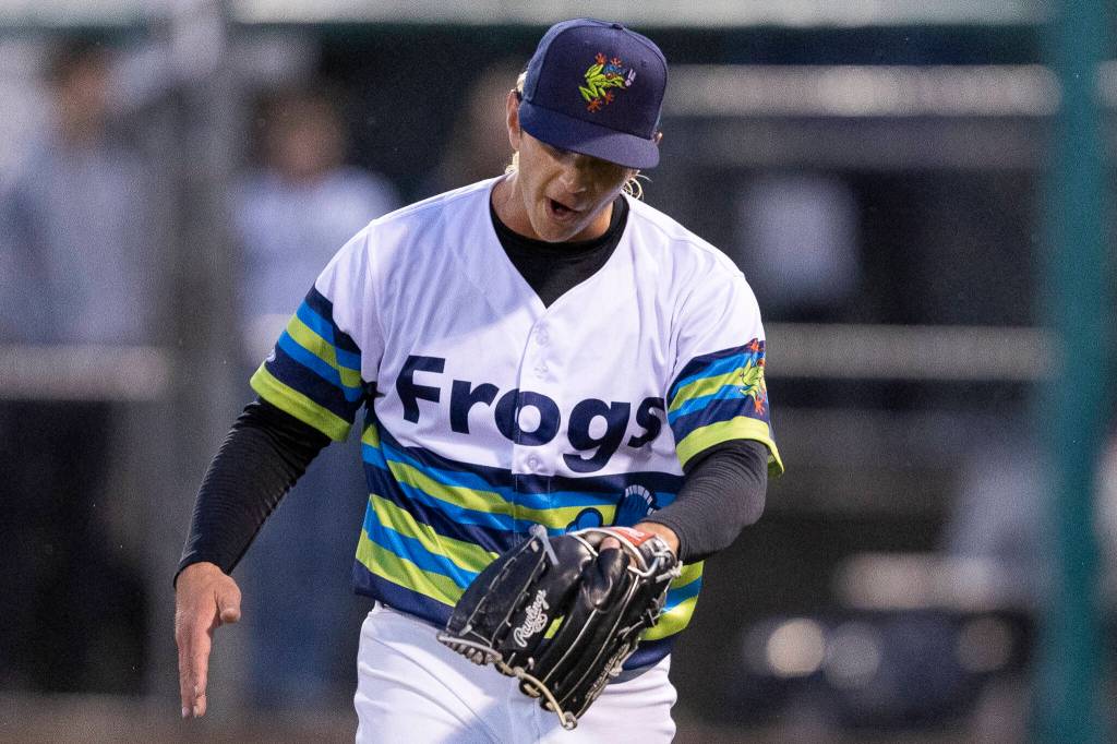 Taylor Dollard #40 of the Everett AquaSox reacts after getting a strikeout during the game against the Spokane Indians on Tuesday, April 21, 2026 in Everett, Washington. (Olivia Vanni / The Herald)