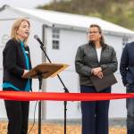 Galina Volchkova, executive director of housing services for VOAWW, speaks at a ribbon cutting for a new Pallet shelter location on Monday, April 27, 2026, in Everett, Washington. (Olivia Vanni / The Herald)