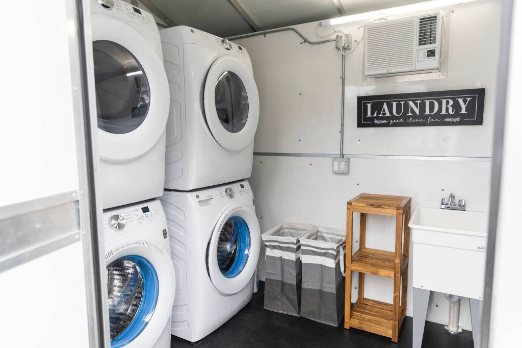 A laundry room available to residents of the Pallet shelter on Monday, April 27, 2026, in Everett, Washington. (Olivia Vanni / The Herald)