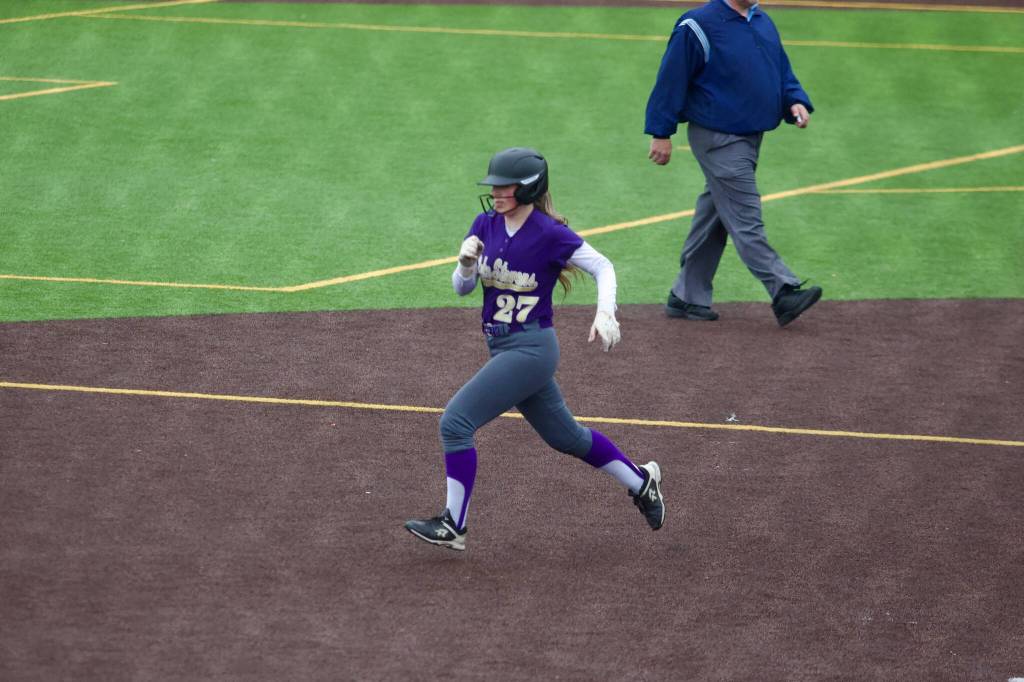 Lake Stevens senior Ella Roller runs to third base during the Vikings 10-3 win against Cascade at Phil Johnson Ballfields on April 27, 2026. (Joe Pohoryles / The Herald)