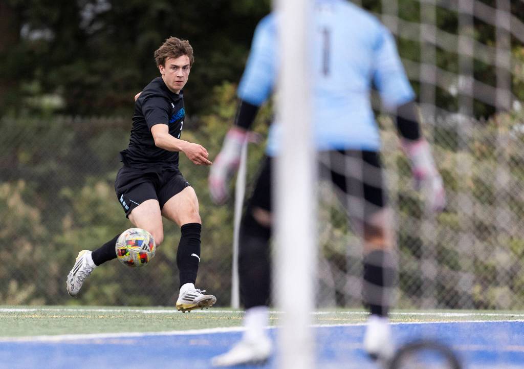 Shorewoods Tallyn Lord shoots the ball during the game against Glacier Peak on Tuesday, April 28, 2026 in Shoreline, Washington. (Olivia Vanni / The Herald)