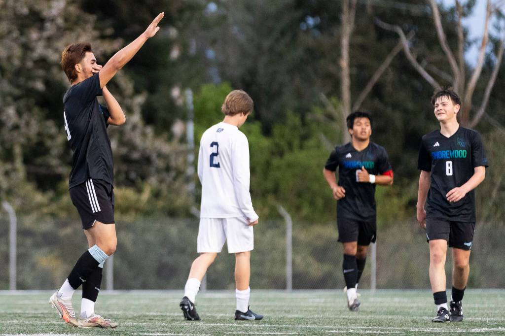 Shorewoods Tajidin Babayev reacts after scoring during the game against Glacier Peak on Tuesday, April 28, 2026 in Shoreline, Washington. (Olivia Vanni / The Herald)