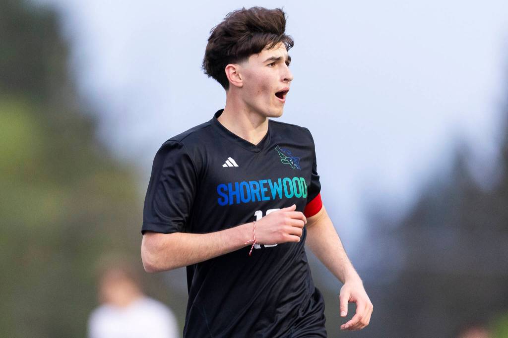 Shorewoods Nikola Genadiev reacts after scoring during the game against Glacier Peak on Tuesday, April 28, 2026 in Shoreline, Washington. (Olivia Vanni / The Herald)