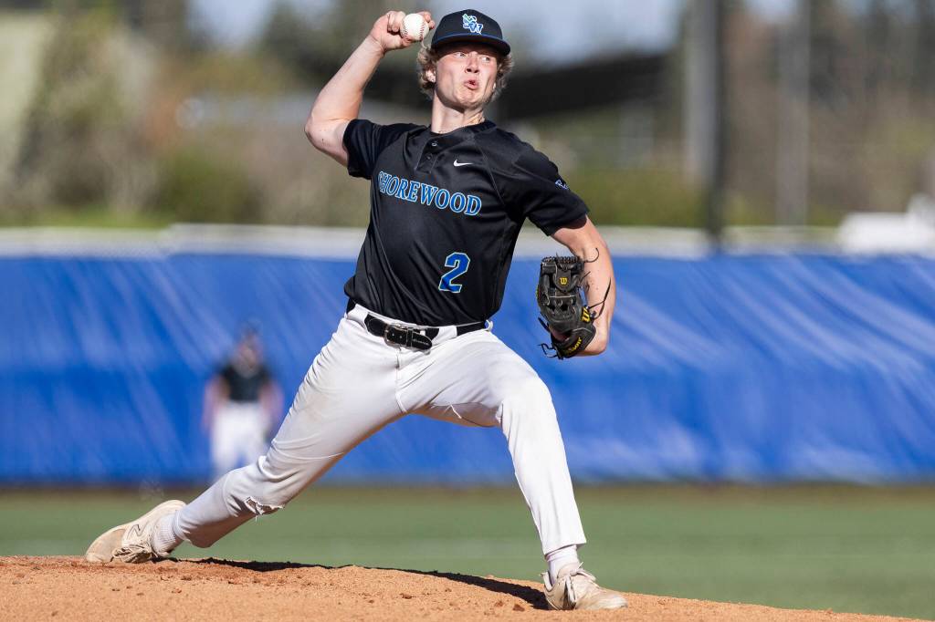 Shorewoods Lukas Wanke pitches during the game against Edmonds-Woodway on Wednesday, April 29, 2026 in Shoreline, Washington. (Olivia Vanni / The Herald)