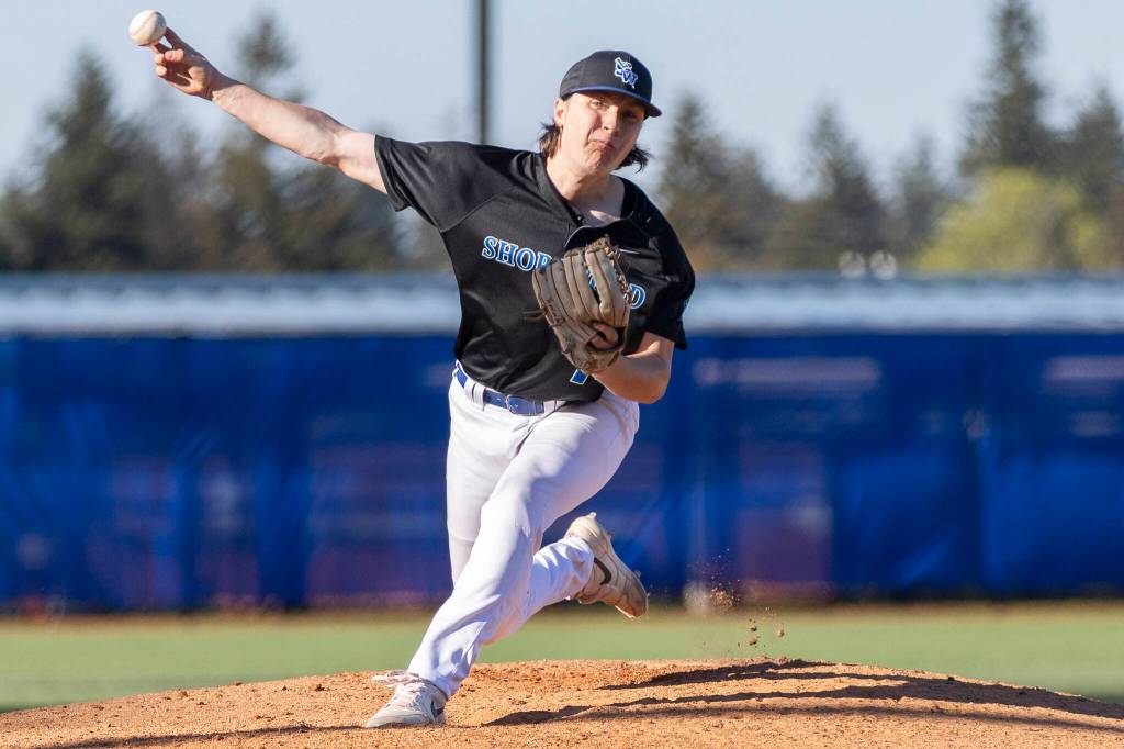 Shorewoods Max Rojas pitches during the game against Edmonds-Woodway on Wednesday, April 29, 2026 in Shoreline, Washington. (Olivia Vanni / The Herald)