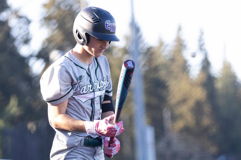 Edmonds-Woodways Finn Crawford reacts after striking out during the game against Shorewood on Wednesday, April 29, 2026 in Shoreline, Washington. (Olivia Vanni / The Herald)