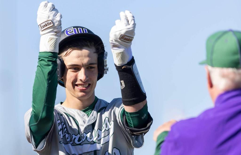 Edmonds-Woodways William Alseth reacts after getting a base hit during the game against Shorewood on Wednesday, April 29, 2026 in Shoreline, Washington. (Olivia Vanni / The Herald)
