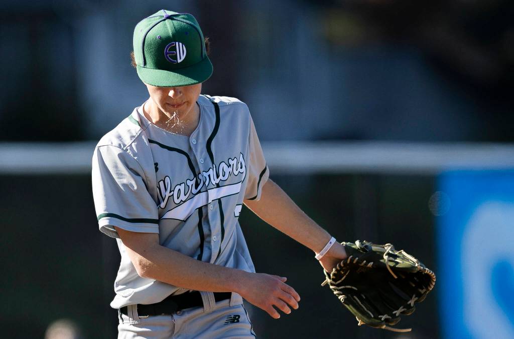 Edmonds-Woodways Finn Crawford reacts after getting a strikeout during the game against Shorewood on Wednesday, April 29, 2026 in Shoreline, Washington. (Olivia Vanni / The Herald)