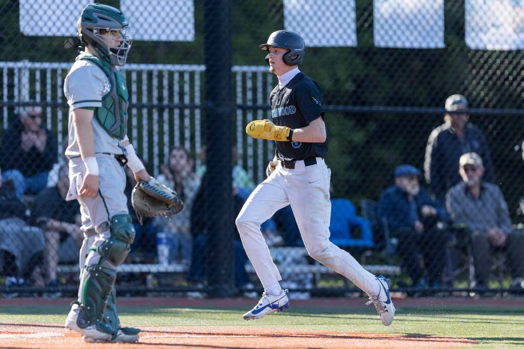 Shorewoods Finn Bachler scores during the game against Edmonds-Woodway on Wednesday, April 29, 2026 in Shoreline, Washington. (Olivia Vanni / The Herald)