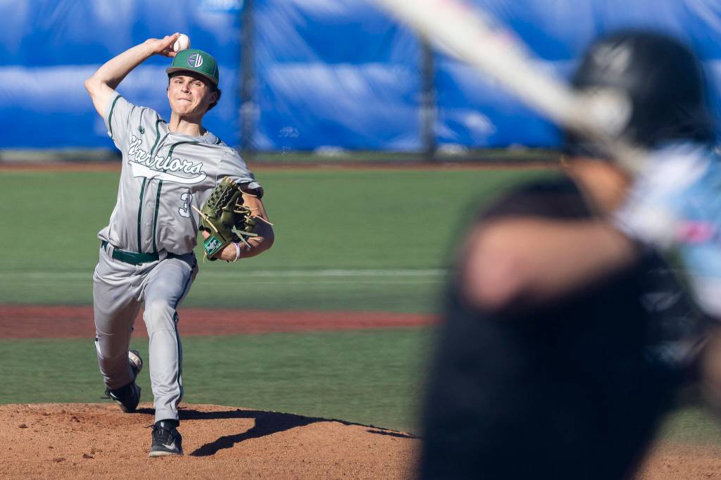 Edmonds-Woodways Finn Crawford pitches during the game against Shorewood on Wednesday, April 29, 2026 in Shoreline, Washington. (Olivia Vanni / The Herald)