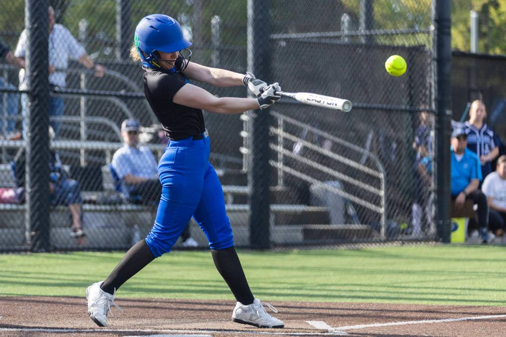 Shorewoods Ellie Van Horn gets a hit during the game against Meadowdale on Thursday, April 30, 2026 in Lynnwood, Washington. (Olivia Vanni / The Herald)