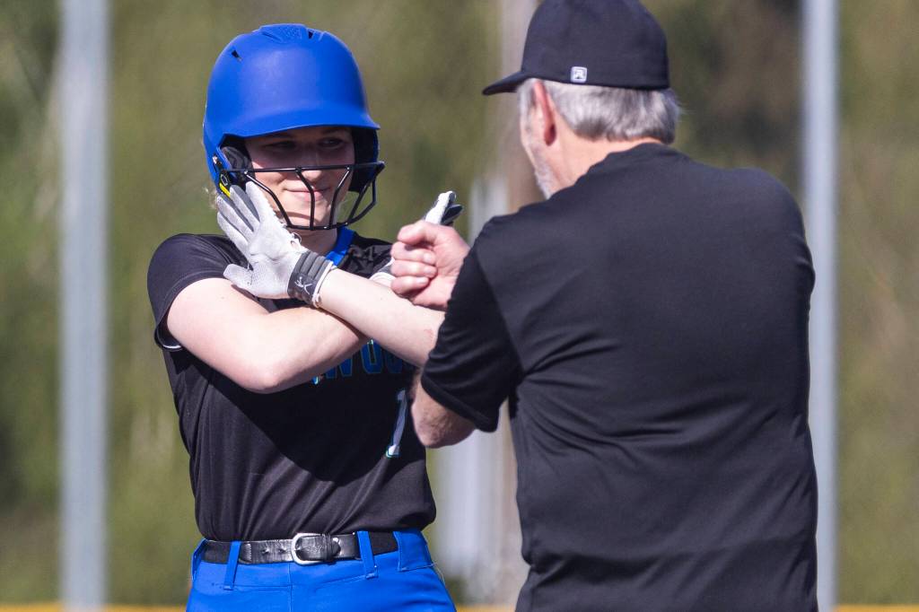 Shorewoods Ellie Van Horn reacts after getting a hit during the game against Meadowdale on Thursday, April 30, 2026 in Lynnwood, Washington. (Olivia Vanni / The Herald)
