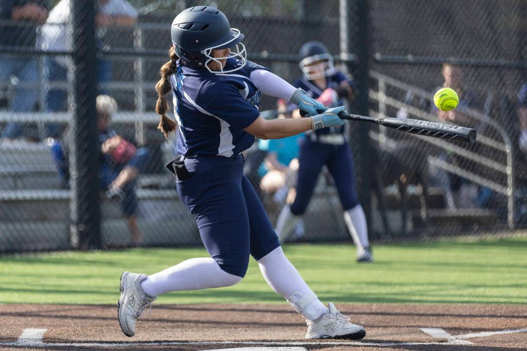 Meadowdales Peyton Warnock hits a home run during the game against Shorewood on Thursday, April 30, 2026 in Lynnwood, Washington. (Olivia Vanni / The Herald)