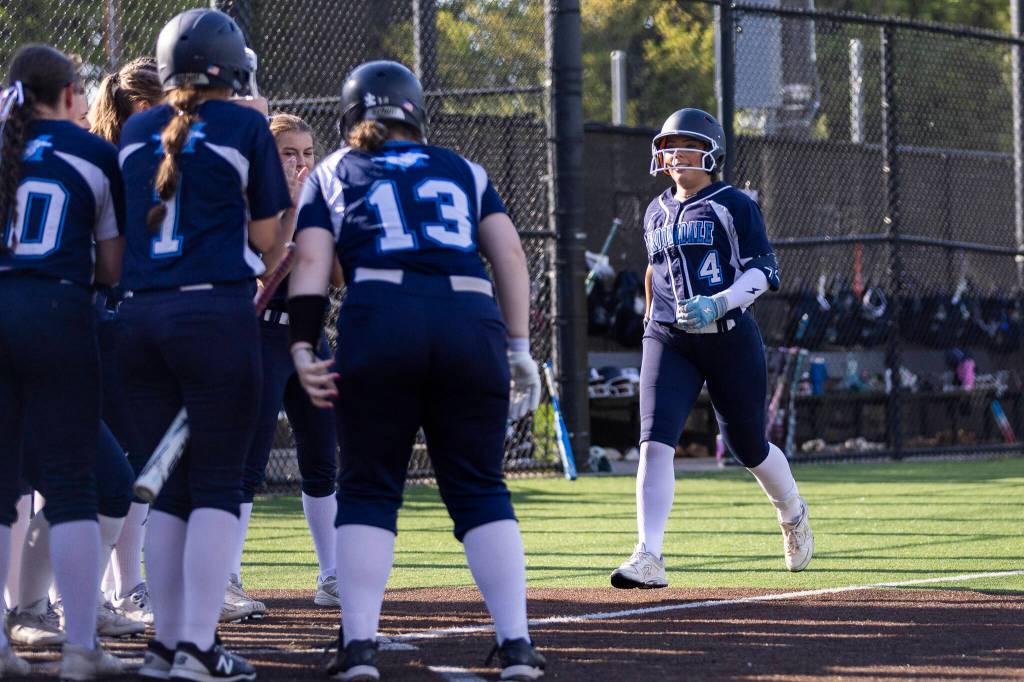Meadowdales Peyton Warnock runs toward home plate after hitting a home run during the game against Shorewood on Thursday, April 30, 2026 in Lynnwood, Washington. (Olivia Vanni / The Herald)