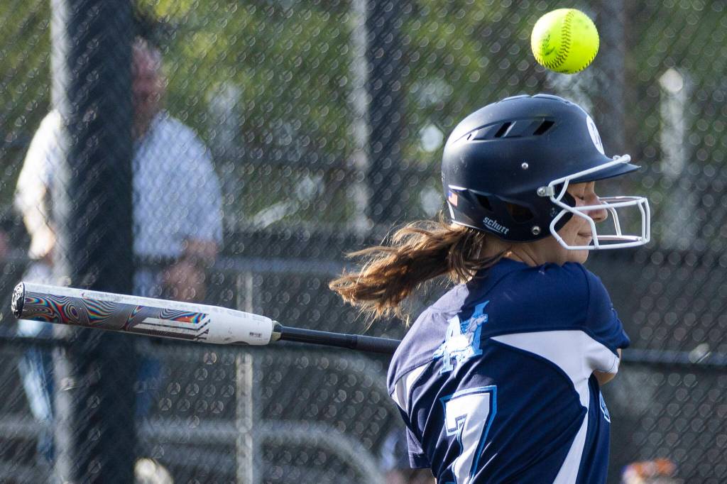 Meadowdales Hailey Bernards fouls off the ball during the game against Shorewood on Thursday, April 30, 2026 in Lynnwood, Washington. (Olivia Vanni / The Herald)