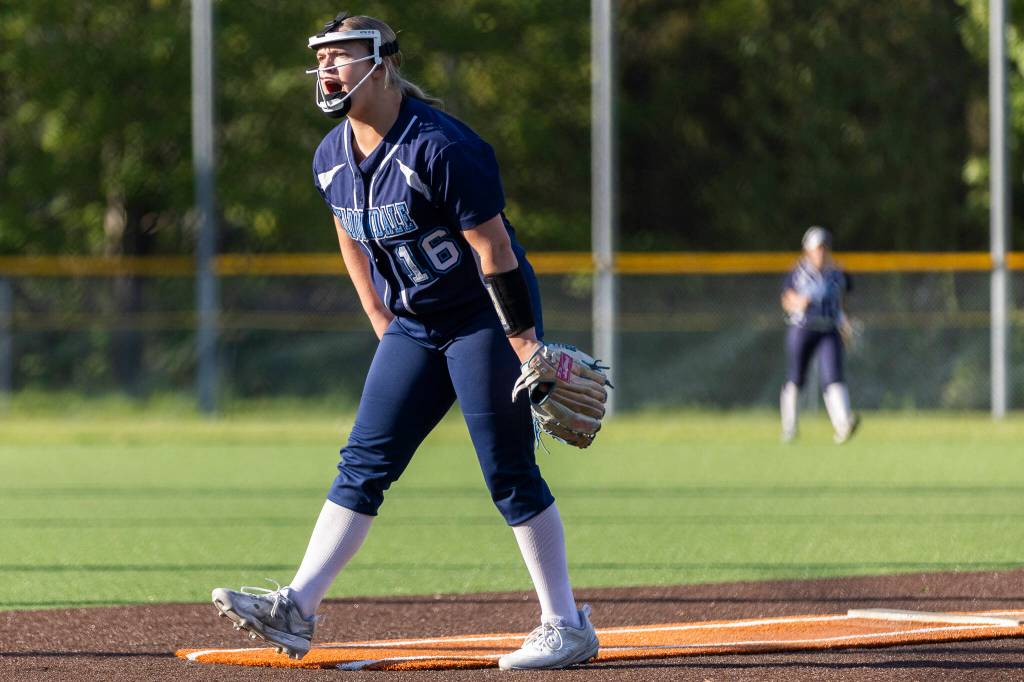 Meadowdales Payton Aldridge reacts after getting a strikeout during the game against Shorewood on Thursday, April 30, 2026 in Lynnwood, Washington. (Olivia Vanni / The Herald)